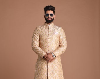 Floral Heavy Embroidered Sherwani Achkan Cream Base With Pink And Green Flower | Best For Weddings, Grooms, Formal Indian Events Festivals