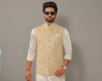 Off-White Kurta Pajama Set with Luckhnawi Embroidery Beige Color Nehru Jacket - Handcrafted | Free Personalization | Diwali, Sangeet Party