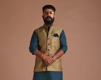 Handmade Brocade Royal Pattern Dark Brown Nehru Jacket with Kurta Pajama Set | Best For Wedding Functions | Cocktail Parties |