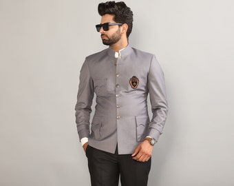 Regal Gray Bandhgala Suit With Handmade Embroidery Signature Logo on Chest| Traditional n Trendy, Designer Bandgala, Elite Gentlemen Look