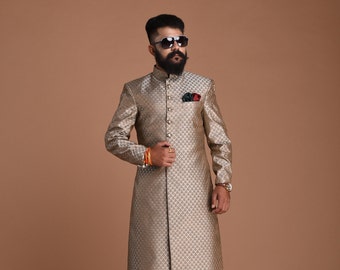 Handmade Booti Pattern Brocade Silk Silver Color Sherwani Achkan | Best For Wedding ,Grooms Formal Indian Events Festicals