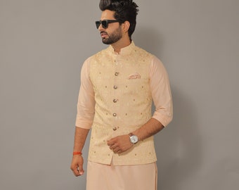 Peach Kurta Pajama Set with Luckhnawi Embroidery Peach Color Nehru Jacket - Handcrafted | Free Personalization | Diwali, Sangeet Party