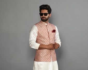 Banarasi Brocade Embroidered Nehru Jacket With Off White Silk Kurta Payjama-Handcrafted | Free Personalization | Diwali, Sangeet Party