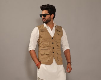 Multi Utility Khakhi Hunting Style Jacket with White Kurta Pajama Set | Free Personalization | Rajputana | Traditional |