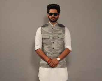 Grey Camouflage Hunting style Jacket with White Kurta Pajama Set | Free Personalization | Rajputana | Traditional Dress |