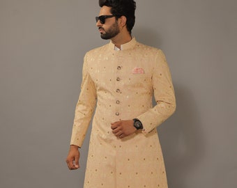 Lucknowi Embroidered Peach Color Sherwani Achkan for Men | Father Son Combo | Hand Made | Perfect Groom Wear