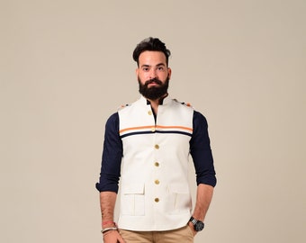 White Half Hunting Jacket With Navy & Saffron Strips