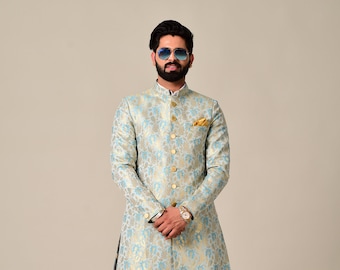 Handmade Men Brocade Silk Sherwani Achkan for Men | Sky Blue Golden Color | Formal Kurta Style wear | Perfect for Family Weddings & Grooms