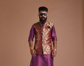 Exclusive Kim-Khan Floral Pattern Wine Golden Color Designer Half Jodhpuri Jacket With Kurta Pajama For Special Occasions |