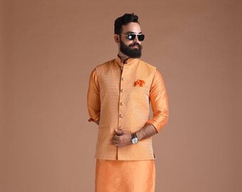 Booti Pattern Brocade Kesari Color Half Jodhpuri Jacket with Kurta Pajama Set | Available in Father Son Combo | Best for  Wedding Function