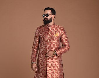 Exclusive Golden Red Banarasi Brocade Silk Sherwani Achkan | Best for Wedding Function, Grooms, Formal Indian |