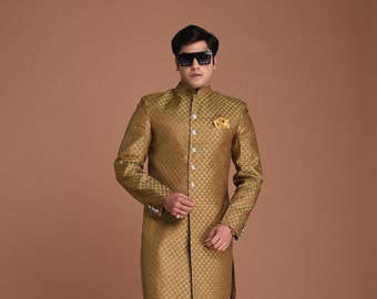 Booti Pattern Brocade Silk Rajputana Style Sherwani Achkan Brown Color  | Best For Wedding ,Grooms Formal Indian Events Festival