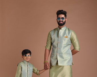 Bespoke Traditional Indian Kurta Pajama Nehru Modi Jacket Set in Sea Green Color | Perfect for Weddings, Available in  Father Son Combo