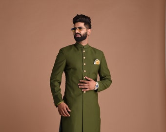 Solid Battle Green Color Exclusive Sherwani Achkan for Men | Best for Groom Squad | Wedding functions