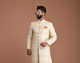 Handmade Traditional Lucknowi  Mirrored Chikankari White Sherwani | Formal Kurta Style wear | Perfect for Family Wedding functions Groom