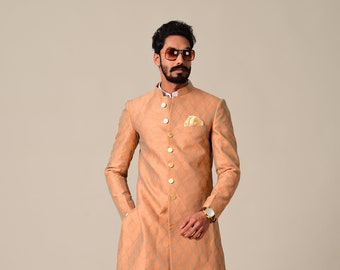 Handmade Traditional Rajputana Styled Achkans | Rust Cyan Color | Perfect Groom and Family Wedding Wear | Personalized Size & Styling