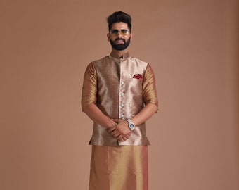 Maharaja Style Handmade Kim-Khab Half Jodhpuri Jacket with Kurta-Pajama Set | Golden Magenta Color | Best for Cocktail Party|