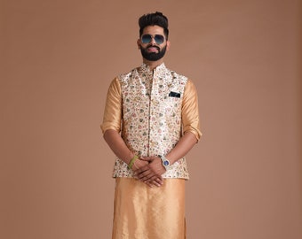 Maharaja Style Heavy Embroidered Nehru Jacket with Silk Kurta Pajama Set,  Best for Day Functions | Free Personalization |
