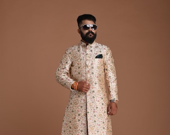 Heavy Banarasi Floral Embroidery Sherwani Achkan | Perfect Groom Wear | Wedding Function | Day & Night Party Wear