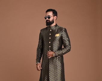 Solid Black Brocade silk Sherwani with Golden Booti Pattern | Traditional Indian and Dress | Groom wear | Best for Night Functions