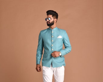 Bespoke Indian Maharaja Style Royal Jodhpuri Bandhgala With Trouser | Oxy Blue Color |