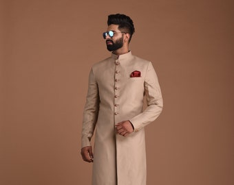 Handmade Solid Terry Rayon Sherwani Achkan for Men with Handmade Buttons| Fawn Color | Formal Kurta Style wear | Perfect for Weddings