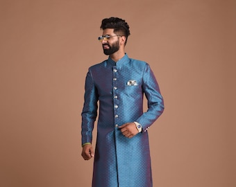 Sherwani indio de seda brocado banarasi azul real personalizado para novios / bodas familiares y novios / vestido indio tradicional