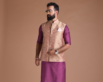 Floral Pattern Purple Color Designer Half Jodhpuri Jacket with Silk Kurta Pajma Set | Fee Personalisation | Wedding Functions