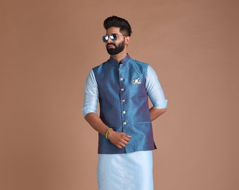 Diamond Pattern Self Designed Brocade Half Jodhpuri Designer Jacket with Kurta Pajama Set |  Teal Blue Color |Wedding Functions