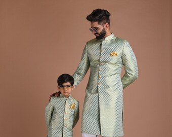 Vibrant Green Handmade KimKhab Brocade Silk Sherwani Achkan for Men | Father Son Combo | | Formal Kurta Style wear | Perfect for