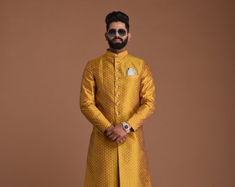 Handmade Golden Color Brocade Sherwani with Diamond shape Booti Pattern | Formal Kurta Style wear | Perfect for Family Weddings & Grooms