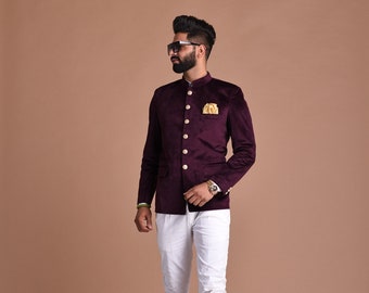 Mulberry Bandhgala Jodhpuri Designer Blazer With White Trouser | wedding Functions | Perfect for formal Party Wear