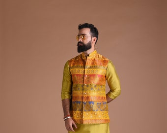 Vibrant Yellow Color Designer Half Jodhpuri Jacket With Silk Kurta Pajma Best For Wedding Function |Open Day Functions | Haldi Functions