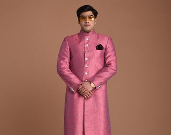 Exclusive Floral Pattern Brocade Banarasi Silk Sherwani Achkan Candy purple Color | Best For Wedding ,Grooms Formal Indian Events Festicals