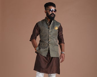 Jaipuri Style Booti Pattern Dark Green Brocade Jacket with Kurta Pajama Set | Bet for Sangeet and Cocktail Parties