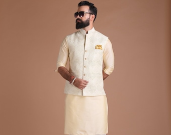 Exclusive Lucknow Heavy Chikankaari Off-White Nehru Jacket with Silk Kurta Pajama | Groom Wear for Pre & Post Wedding Functions