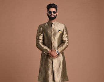 Maharaja Style Handmade Kim-Khab Sherwani Achkan for Men | Gold Color | Perfect Royal Groom Wear