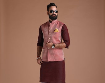 Dark Red Half Jodhpuri Jacket with Kurta Pajama Set | Best for Cocktails party | Free Personalisation | Wedding Festivals