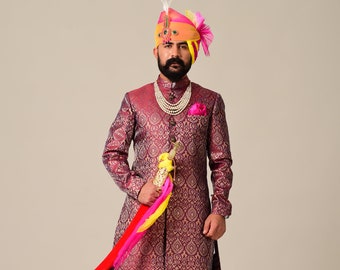 Handmade Rosewood Maroon Sherwani Achkan for Men | Indian Formal Kurta Style wear Perfect for Family Weddings & Grooms | Diwali Eid Raakhi