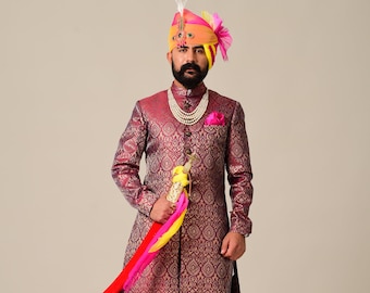 Rosewood Maroon Brocade Silk Sherwani | Indian Wedding Achkan