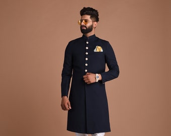Handmade Navy Blue Sherwani Achkan for Men | Formal Kurta Style wear | Perfect for Family Weddings & Grooms
