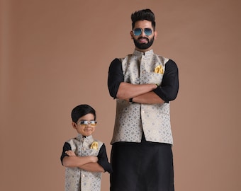 Greyish Blue Half Jodhpuri Designer Jacket With Silk Kurta Pajama Set for Kids | Available in Father Son Combo | Comfortable wear for kids