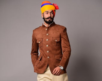 Camel Colour Faux Suede Leather Hunting Bandhgala | Youth Function Wear | Contemporary Vintage Style