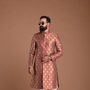 Exclusive Golden Red Banarasi Brocade Silk Sherwani Achkan | Best for Wedding Function, Grooms, Formal Indian |