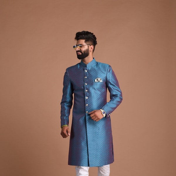 Personalised Royal Blue Banarasi Brocade Silk Indian Sherwani for Groom | Family Weddings & Grooms | Traditional Indian Dress