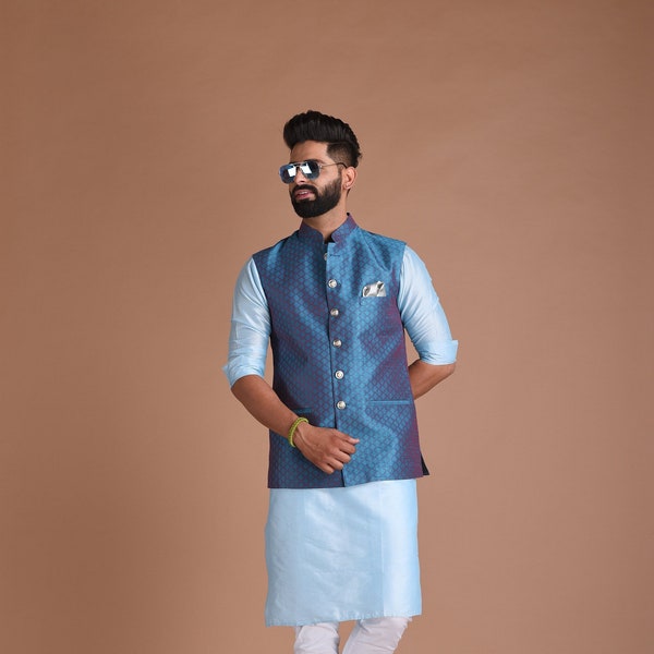 Diamond Pattern Self Designed Brocade Half Jodhpuri Designer Jacket with Kurta Pajama Set |  Teal Blue Color |Wedding Functions