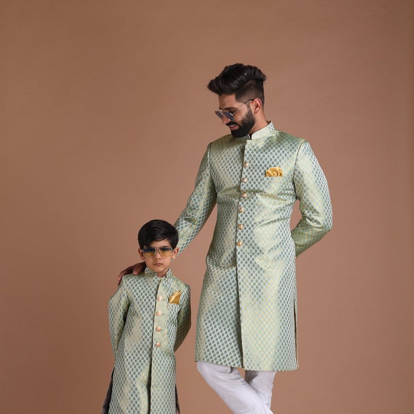 Vibrant Green Handmade KimKhab Brocade Silk Sherwani Achkan for Men | Father Son Combo | | Formal Kurta Style wear | Perfect for