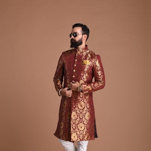 Golden Floral Work Brocade Silk Maroon Sherwani Achkan for Men | Perfect Groom Wear | Wedding Function Wear