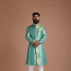 Żywy morski zielony Banarasi KimKhab Sherwani Achkan dla mężczyzn Designer| Najlepszy na wesela, panów młodych, formalne wydarzenia na subkontynencie indyjskim, festiwale