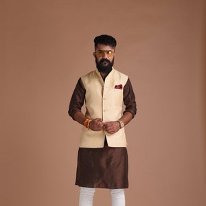 Udaipuri Self Design Brocade Half Jodhpuri Jacket with Kurta Pajama Set | Free Personalisation | For Marriage Functions Festivals Diwali